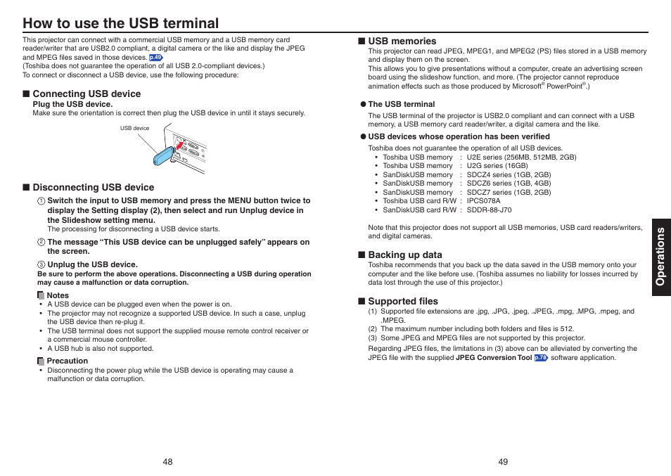 How to use the usb terminal, Operations | Toshiba TDP-EX20 User Manual | Page 25 / 50