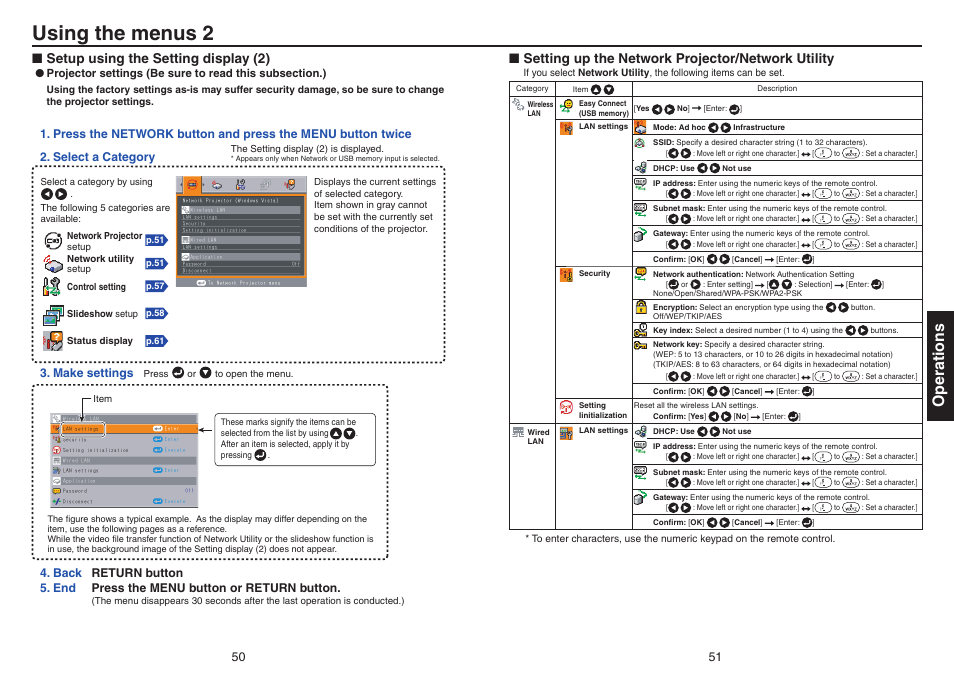 Using the menus 2, Setup using the setting display (2), Setting up the network projector/network utility | P.50, P.51, Operations | Toshiba TDP-EX20 User Manual | Page 26 / 50