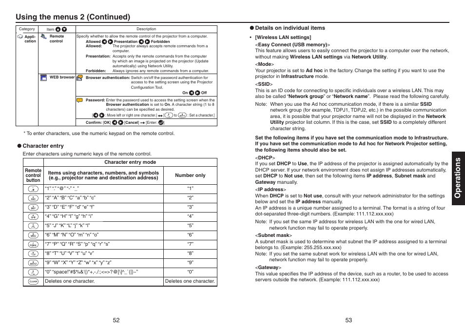 P.52, Operations, Using the menus 2 (continued) | Toshiba TDP-EX20 User Manual | Page 27 / 50