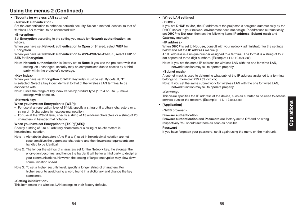 Operations, Using the menus 2 (continued) | Toshiba TDP-EX20 User Manual | Page 28 / 50