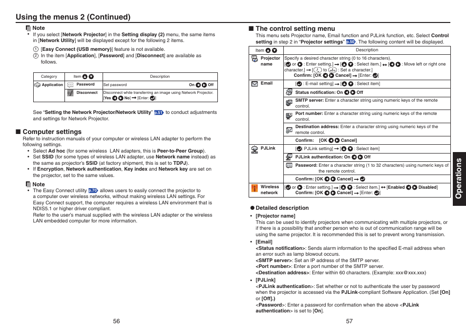 Computer settings, The control setting menu, Computer settings the control setting menu | P.57, Operations, Using the menus 2 (continued) | Toshiba TDP-EX20 User Manual | Page 29 / 50