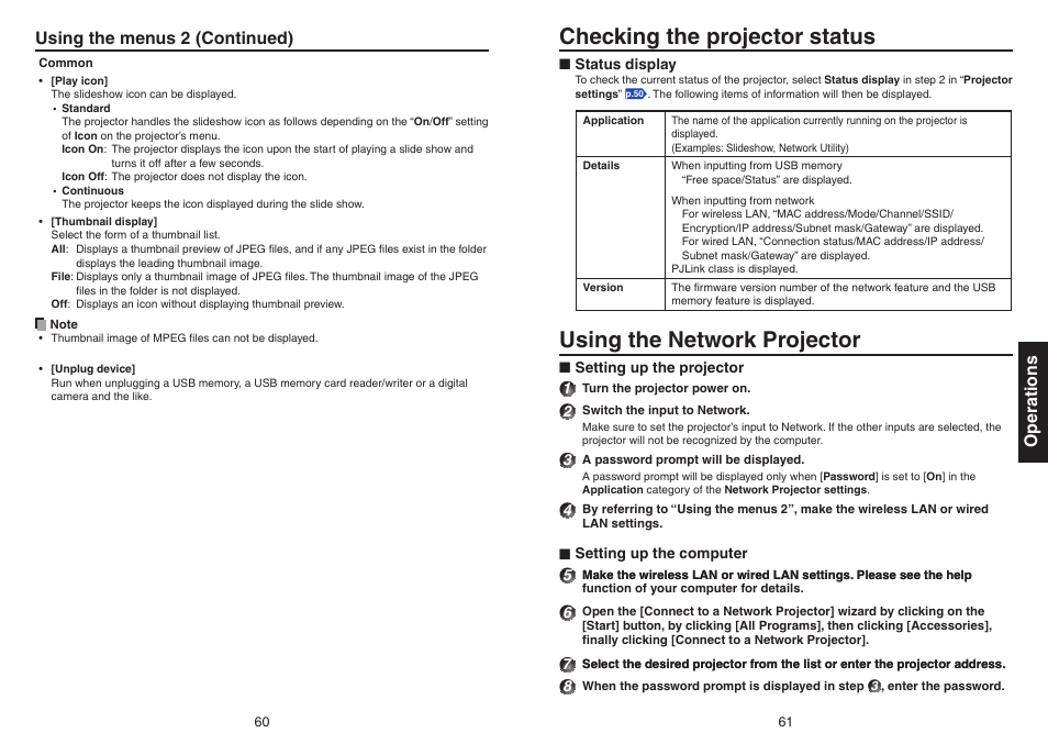 Checking the projector status, Status display, Using the network projector | P.61, Operations, Using the menus 2 (continued) | Toshiba TDP-EX20 User Manual | Page 31 / 50