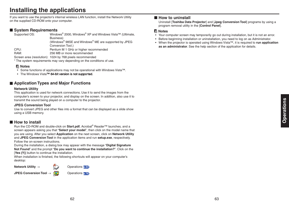 Installing the applications, Operations | Toshiba TDP-EX20 User Manual | Page 32 / 50