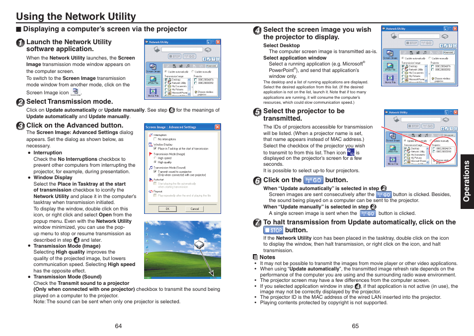 Using the network utility, Displaying a computer’s screen via the projector, P.64 | Ations | Toshiba TDP-EX20 User Manual | Page 33 / 50