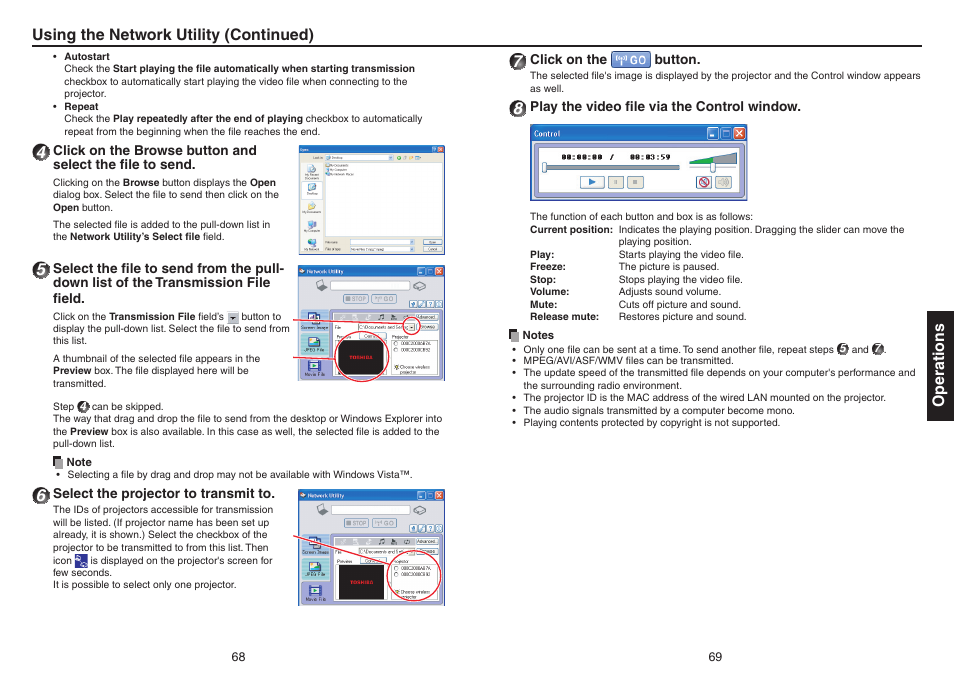 Easy connect utility, Operations, Using the network utility (continued) | Toshiba TDP-EX20 User Manual | Page 35 / 50