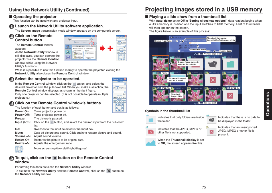 Operating the projector, Projecting images stored in a usb memory, Playing a slide show from a thumbnail list | Operations, Using the network utility (continued) | Toshiba TDP-EX20 User Manual | Page 38 / 50