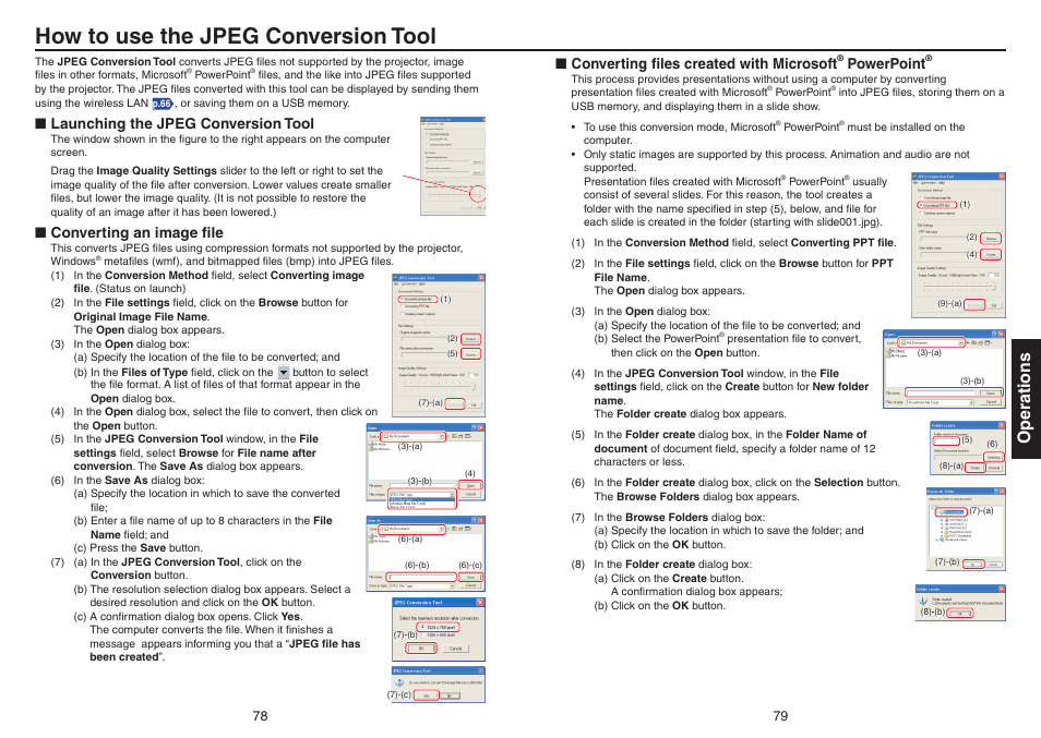 How to use the jpeg conversion tool, Launching the jpeg conversion tool, Powerpoint | Ations, P.78, Operations, Converting an image ﬁle, Nconverting ﬁles created with microsoft | Toshiba TDP-EX20 User Manual | Page 40 / 50