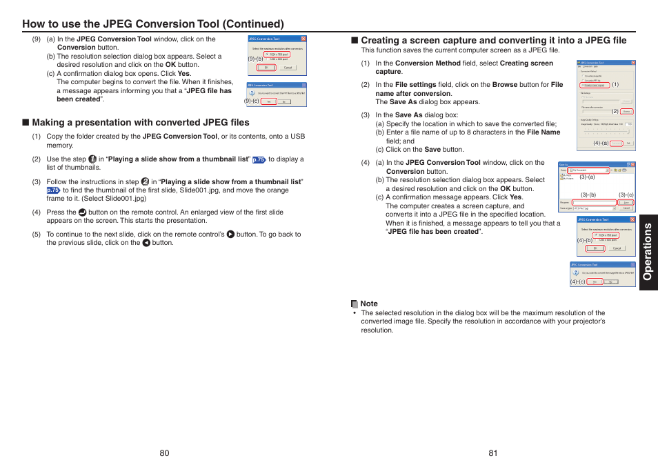 Making a presentation with converted jpeg files, Operations, How to use the jpeg conversion tool (continued) | Toshiba TDP-EX20 User Manual | Page 41 / 50
