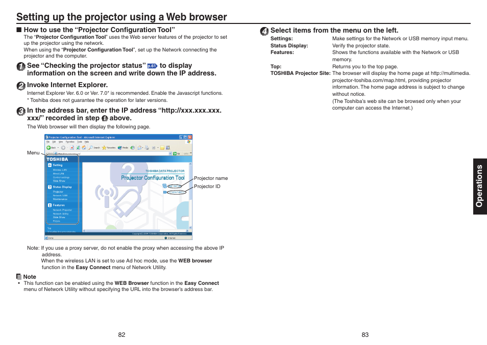 Setting up the projector using a web browser, Operations | Toshiba TDP-EX20 User Manual | Page 42 / 50