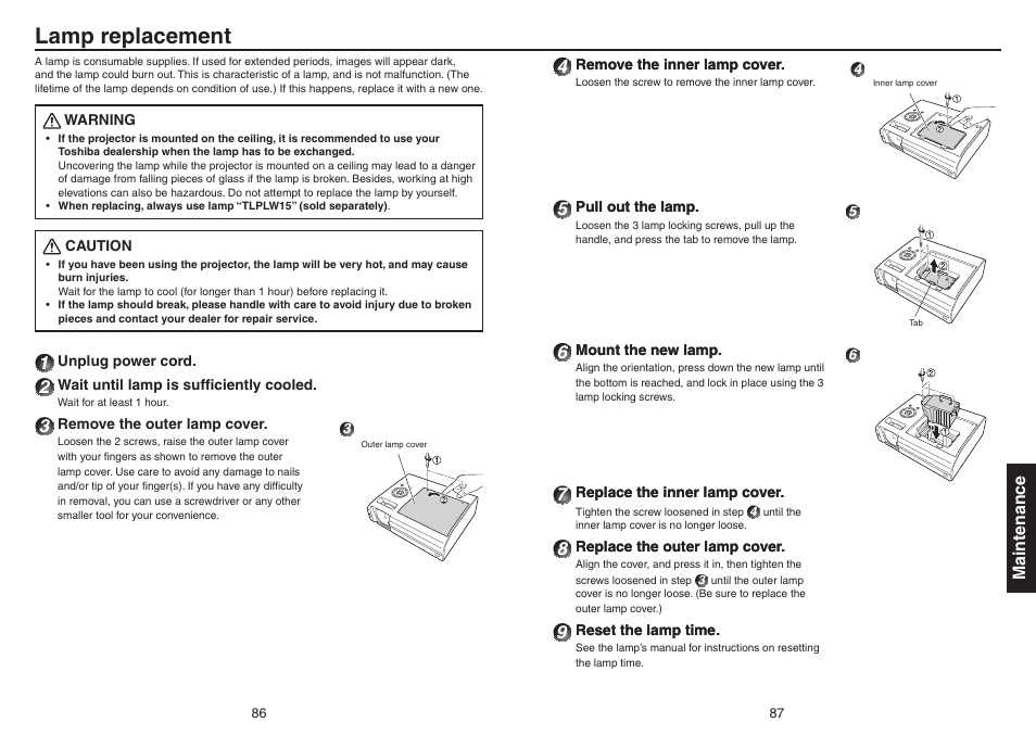 Lamp replacement, P.86 | Toshiba TDP-EX20 User Manual | Page 44 / 50