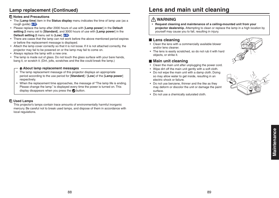 Lens and main unit cleaning, Maintenance lamp replacement (continued) | Toshiba TDP-EX20 User Manual | Page 45 / 50