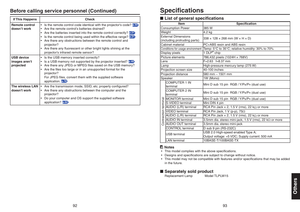 Specifications, Speciﬁcations, Other s | Before calling service personnel (continued) | Toshiba TDP-EX20 User Manual | Page 47 / 50