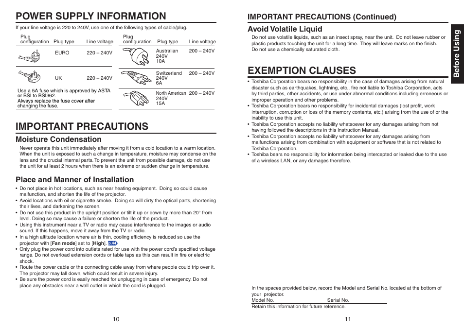 Power supply cord selection, Important precautions, Exemption clauses | Power supply information, Bef ore using, Moisture condensation, Place and manner of installation | Toshiba TDP-EX20 User Manual | Page 6 / 50