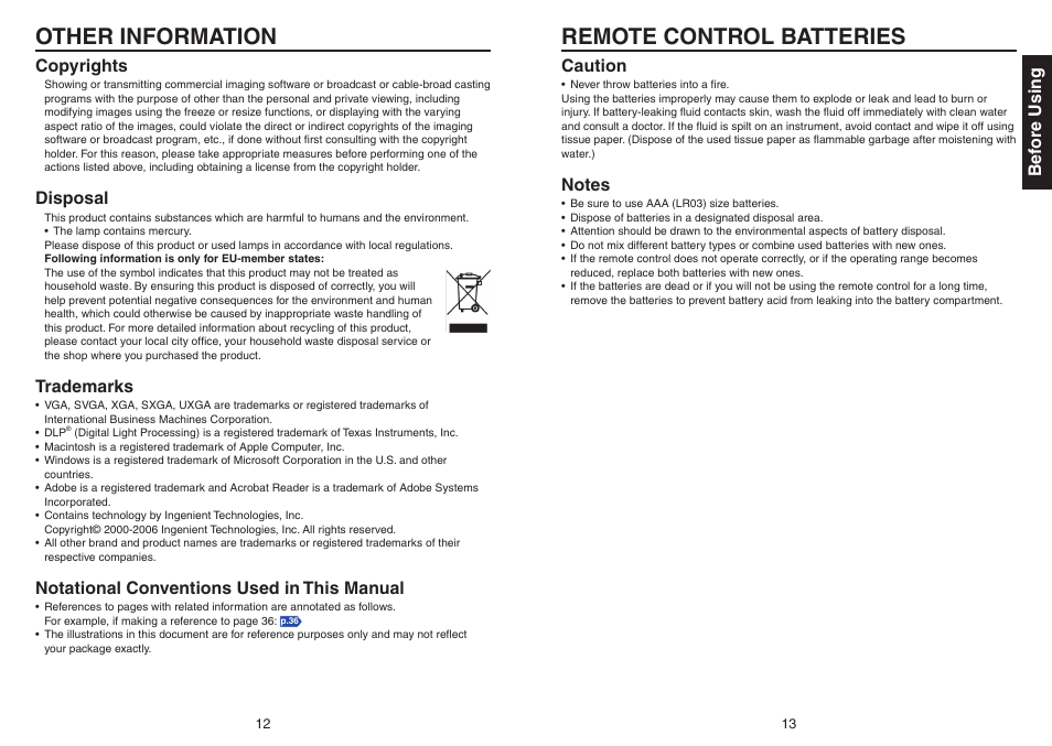 Other cautions and information, Remote control batteries, Other information remote control batteries | Bef ore using, Copyrights, Disposal, Trademarks, Notational conventions used in this manual, Caution | Toshiba TDP-EX20 User Manual | Page 7 / 50