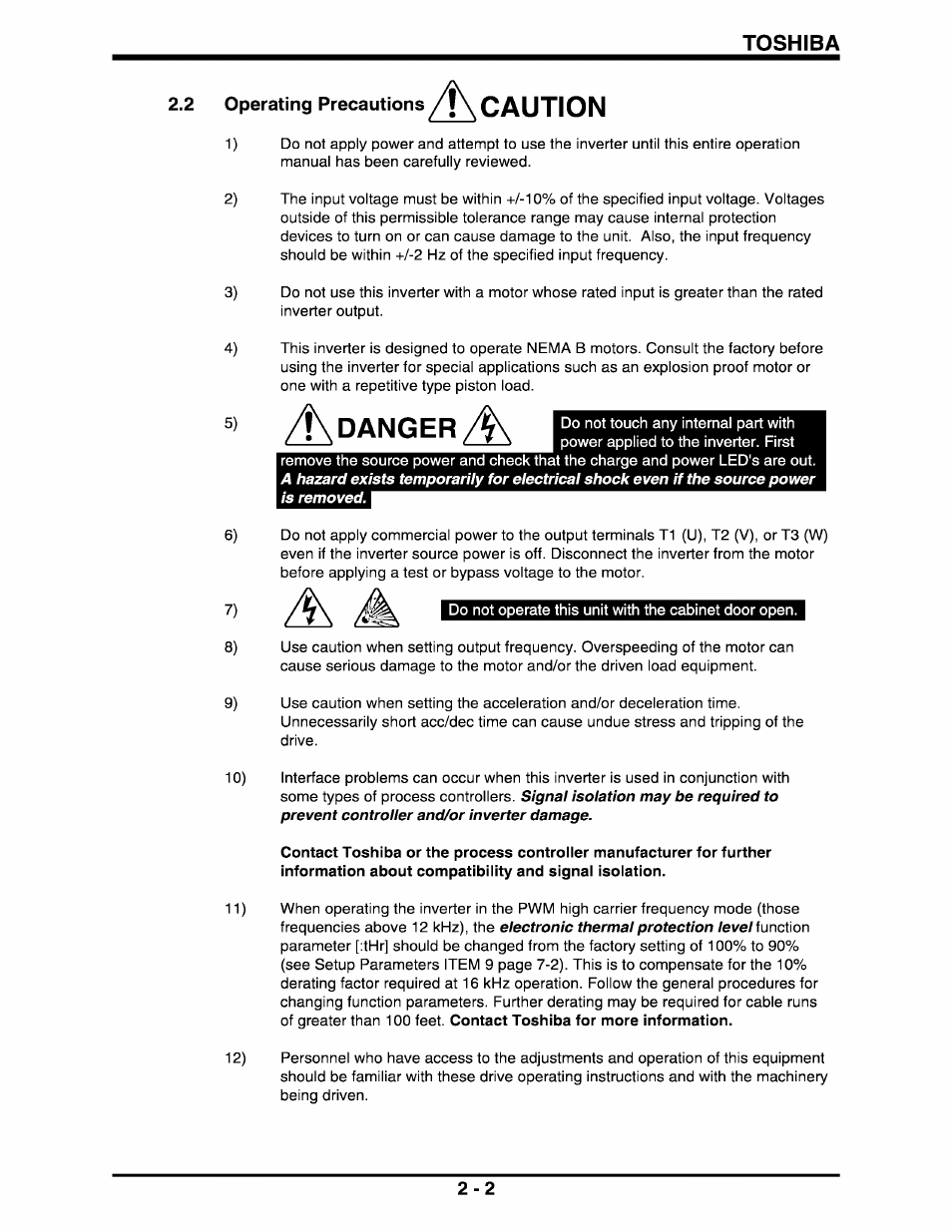2 operating precautions /!\ caution, Operating precautions -2, Caution | Danger, 2 operating precautions, Contact toshiba for more information | Toshiba Q-Flowsaver II User Manual | Page 10 / 107