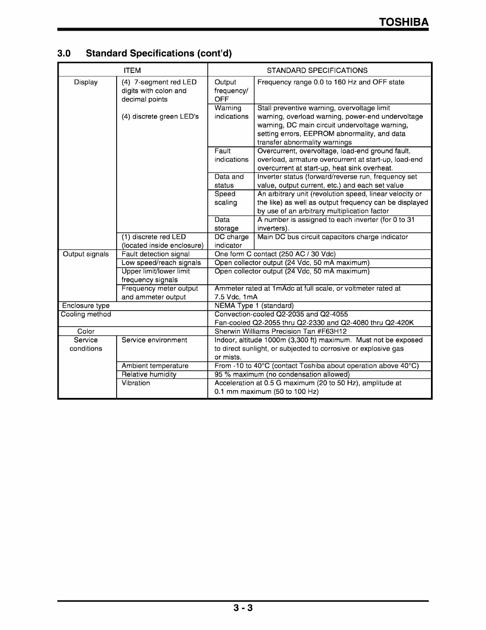 0 standard specifications (cont'd), Toshiba | Toshiba Q-Flowsaver II User Manual | Page 14 / 107