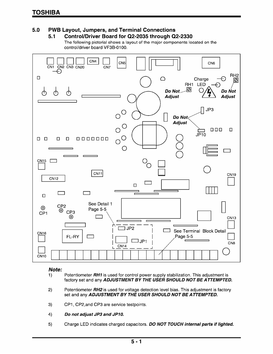 0 pwb layout, jumpers, and terminal connections, 1 control/driver board for q2-2035 through q2-2330, Pwb layout, jumpers, and terminai connections -1 | Toshiba | Toshiba Q-Flowsaver II User Manual | Page 19 / 107