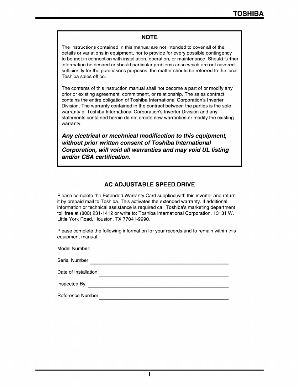 Note, Ac adjustable speed drive, Toshiba | Toshiba Q-Flowsaver II User Manual | Page 2 / 107