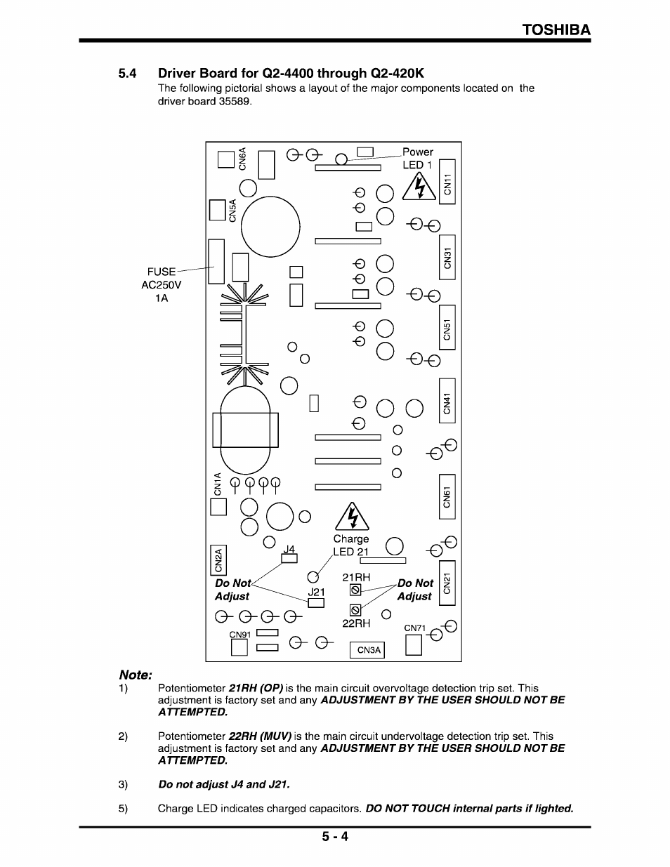 4 driver board for q2-4400 through q2-420k, Driver board for 02-4400 through q2-420k -4, Toshiba | Toshiba Q-Flowsaver II User Manual | Page 22 / 107
