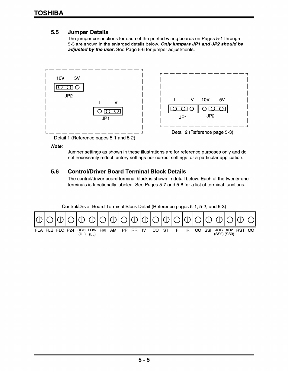 5 jumper details, 6 control/driver board terminal block details, Jumper details -5 | Control/driver board terminal block details -5, Toshiba | Toshiba Q-Flowsaver II User Manual | Page 23 / 107