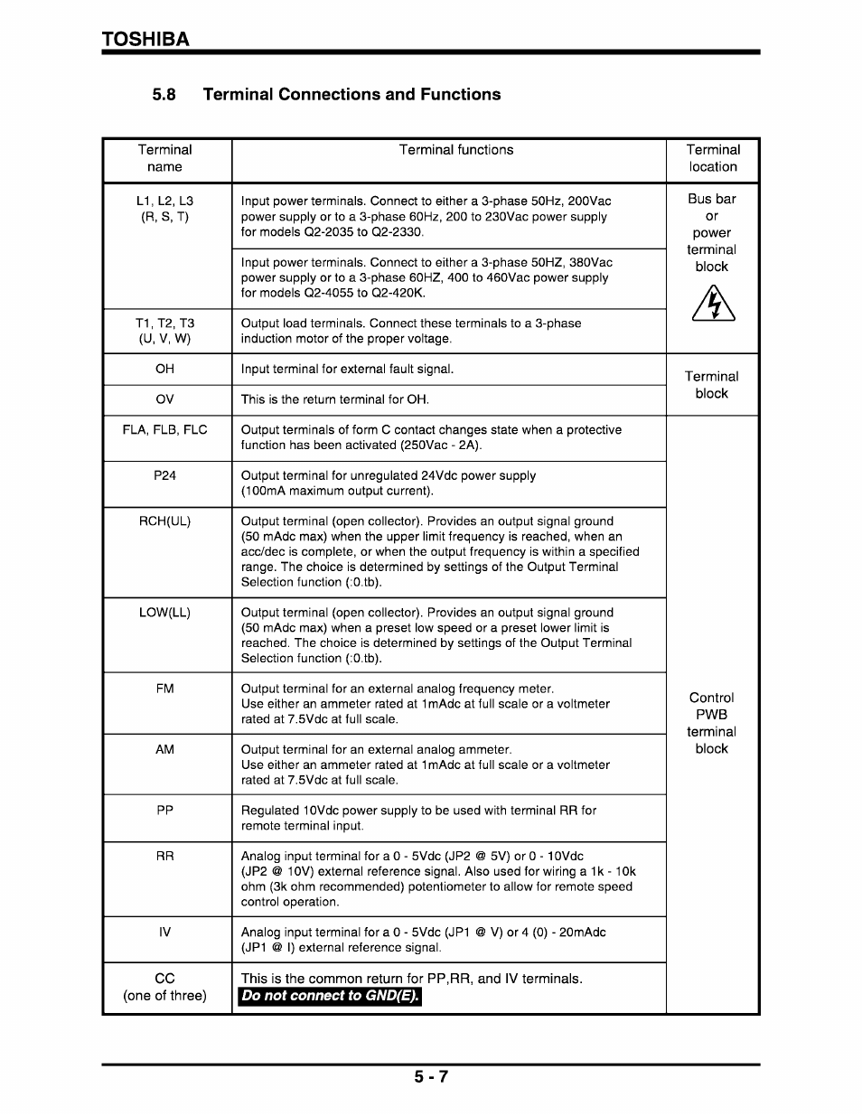 8 terminal connections and functions, Terminal connections and functions -7, Toshiba | Toshiba Q-Flowsaver II User Manual | Page 25 / 107