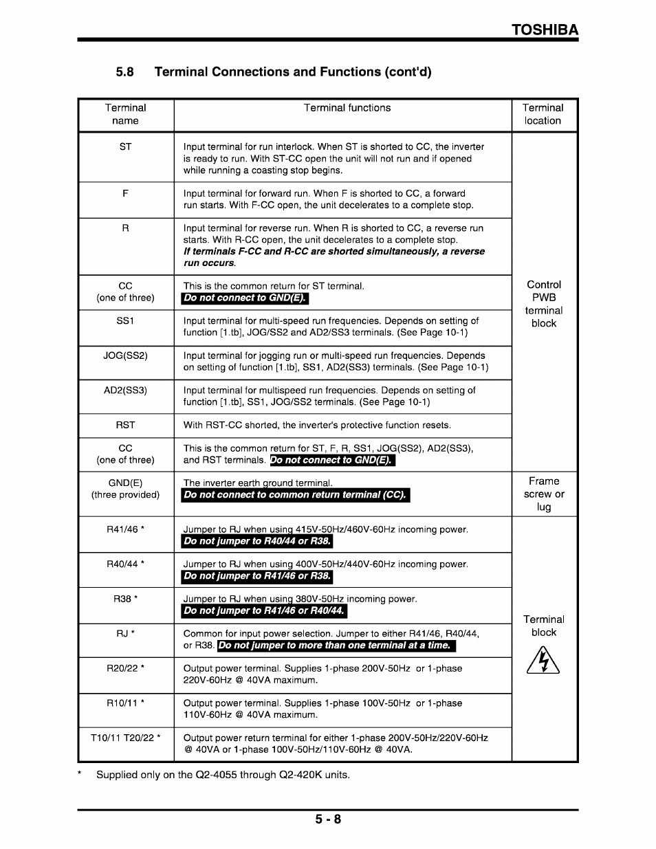 8 terminal connections and functions (cont'd), Toshiba | Toshiba Q-Flowsaver II User Manual | Page 26 / 107