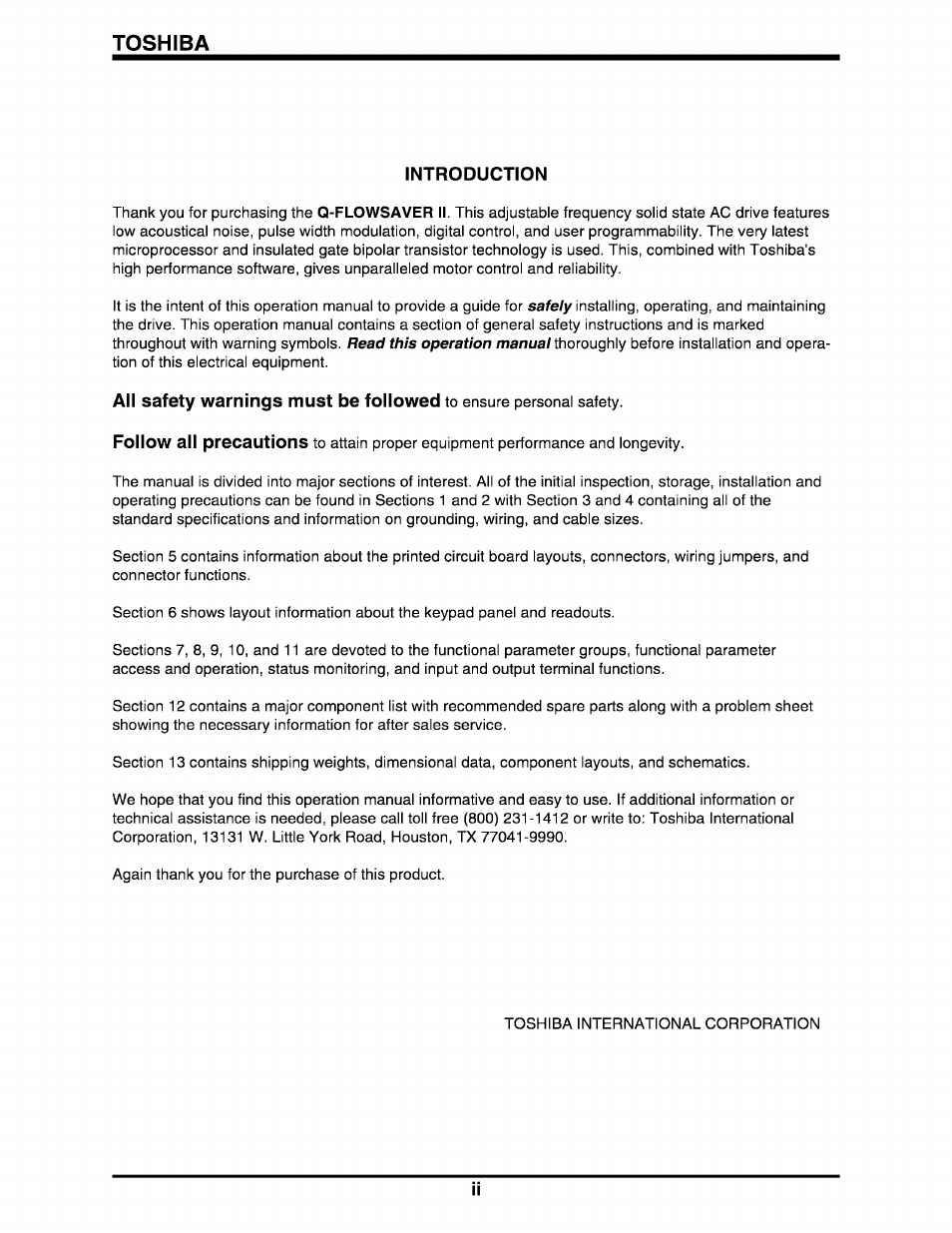 Introduction, Toshiba, All safety warnings must be followed | Follow all precautions, Read this operation | Toshiba Q-Flowsaver II User Manual | Page 3 / 107