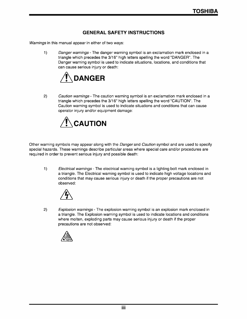 General safety instructions, Danger, Caution | Toshiba | Toshiba Q-Flowsaver II User Manual | Page 4 / 107