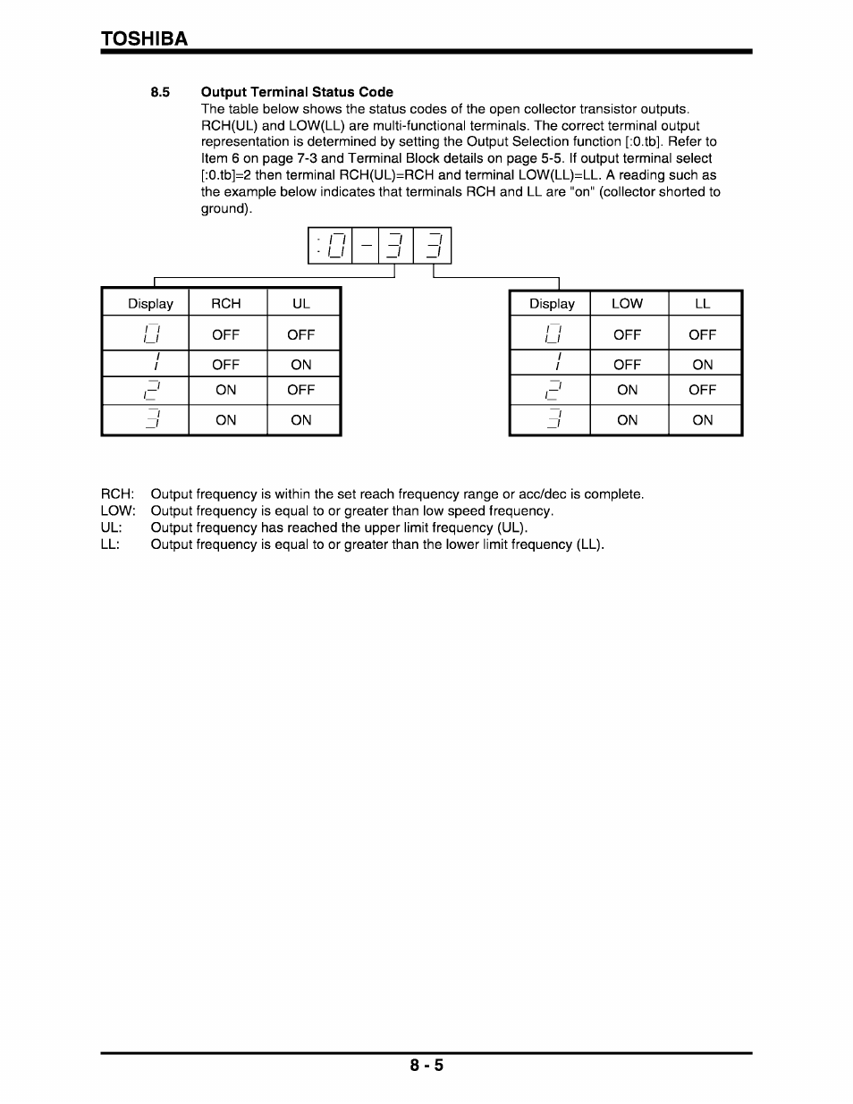 Toshiba, 5 output terminal status code | Toshiba Q-Flowsaver II User Manual | Page 41 / 107
