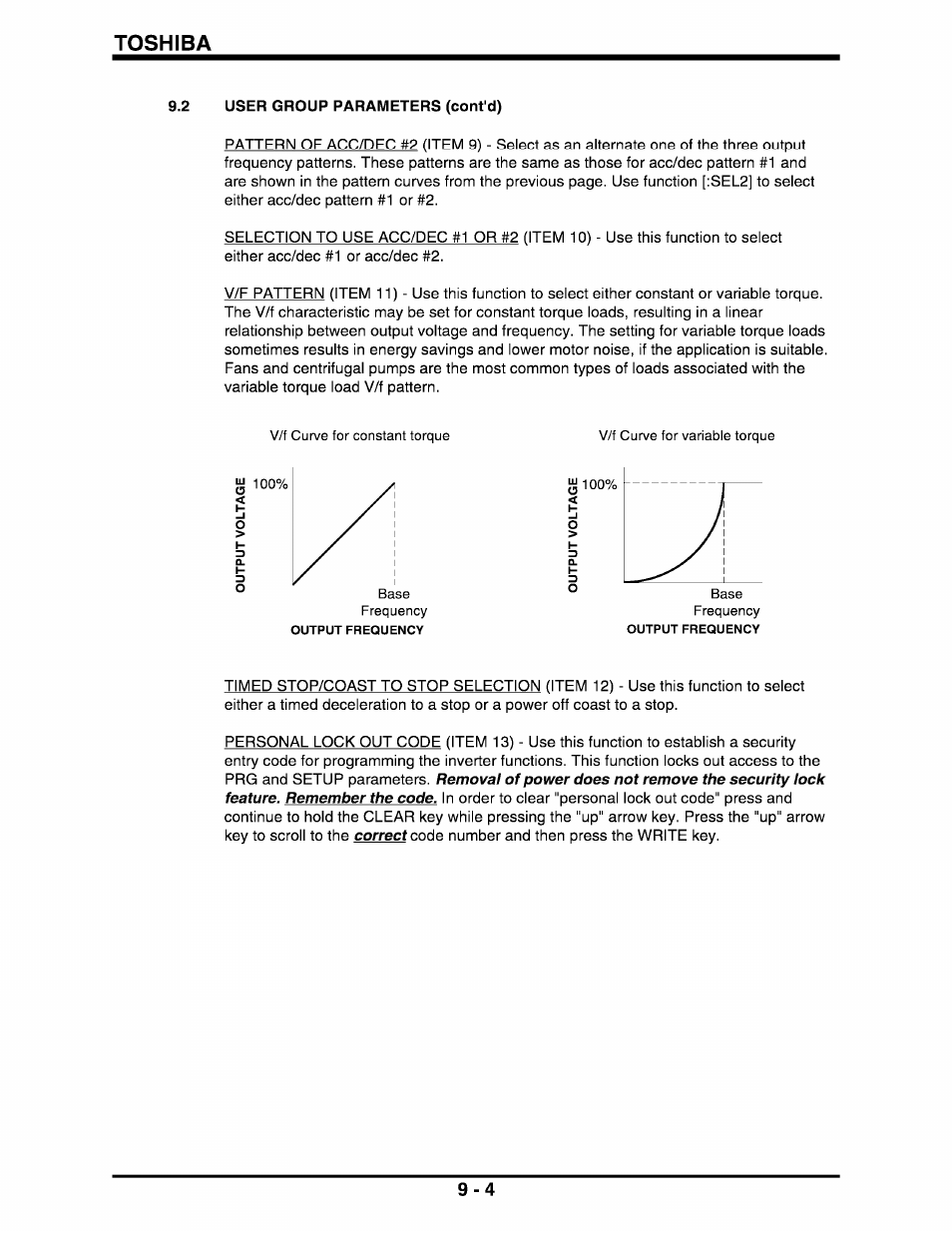 Toshiba, 2 user group parameters (cont'd), Correct code | Toshiba Q-Flowsaver II User Manual | Page 45 / 107