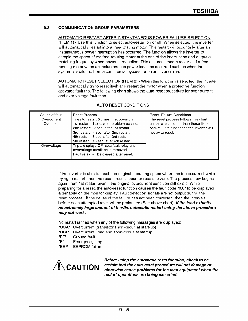 Caution, Toshiba, 3 communication group parameters | Toshiba Q-Flowsaver II User Manual | Page 46 / 107