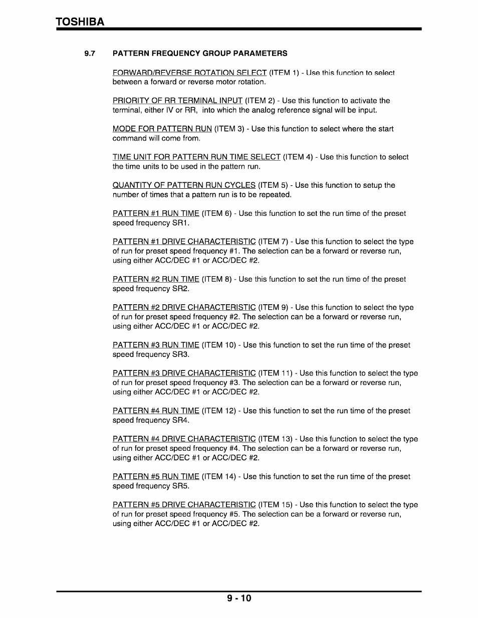 Toshiba, 7 pattern frequency group parameters | Toshiba Q-Flowsaver II User Manual | Page 51 / 107