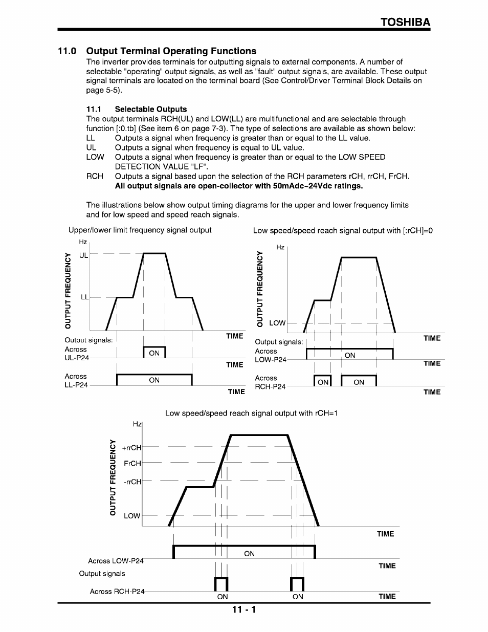 0 output terminal operating functions, 0 output terminal operating functions -1, Toshiba | 1 selectable outputs | Toshiba Q-Flowsaver II User Manual | Page 60 / 107