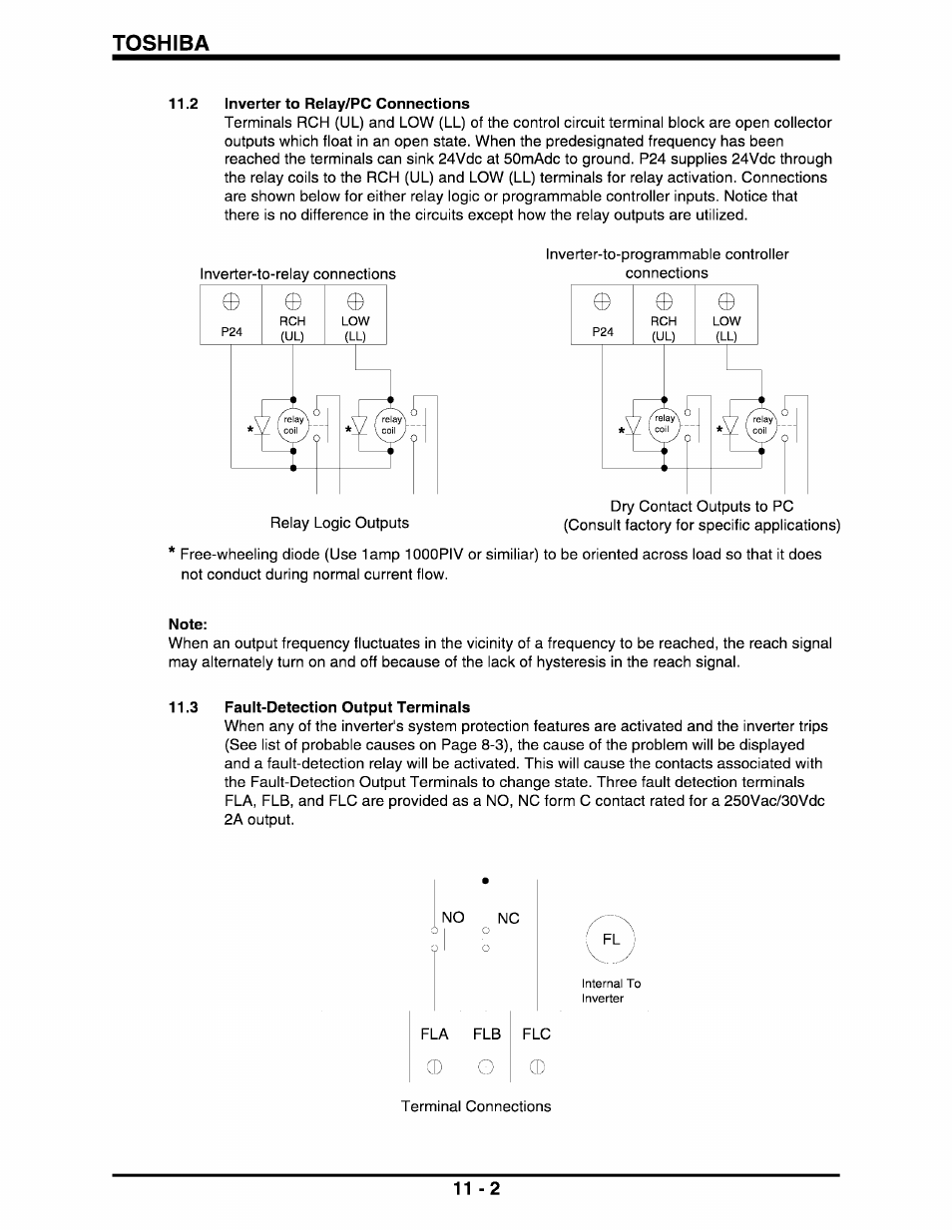 Toshiba, 2 inverter to relay/pc connections, 3 fault-detection output terminals | Toshiba Q-Flowsaver II User Manual | Page 61 / 107