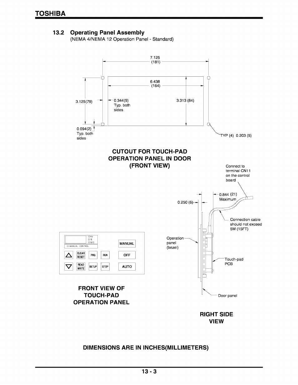 2 operating panel assembly, Front view of touch-pad operation panel, Dimensions are in inches(millimeters) | 2 operating panel assembly -3, Toshiba | Toshiba Q-Flowsaver II User Manual | Page 71 / 107