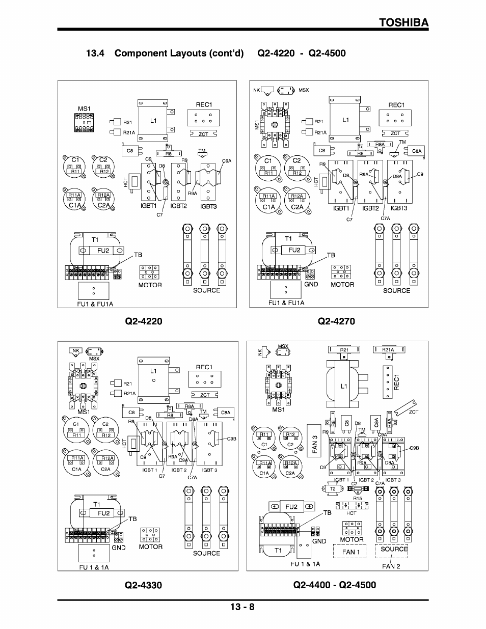 4 component layouts (cont'd) q2-4220 - q2-4500, Q2-4220, Q2-4400 - q2-4500 | Toshiba | Toshiba Q-Flowsaver II User Manual | Page 76 / 107