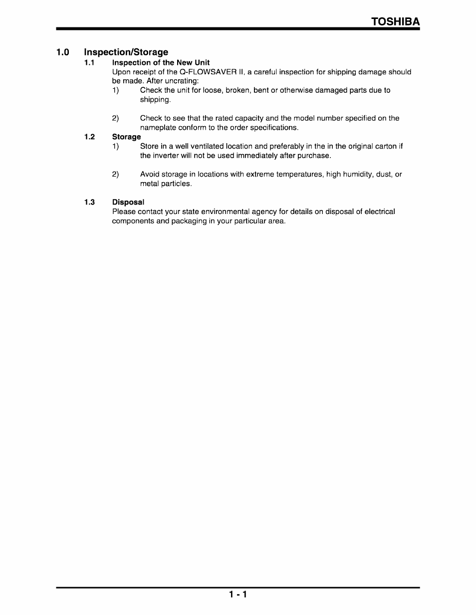 0 inspection/storage, Inspection/storage/disposai -1 | Toshiba Q-Flowsaver II User Manual | Page 8 / 107