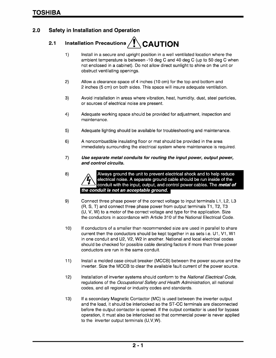 0 safety in installation and operation, 1 installation precautions /!\ caution, Safety in instaiiation and operation -1 2.1 | Installation precautions -1, Caution, National electrical code, Occupational safety and health administration | Toshiba Q-Flowsaver II User Manual | Page 9 / 107