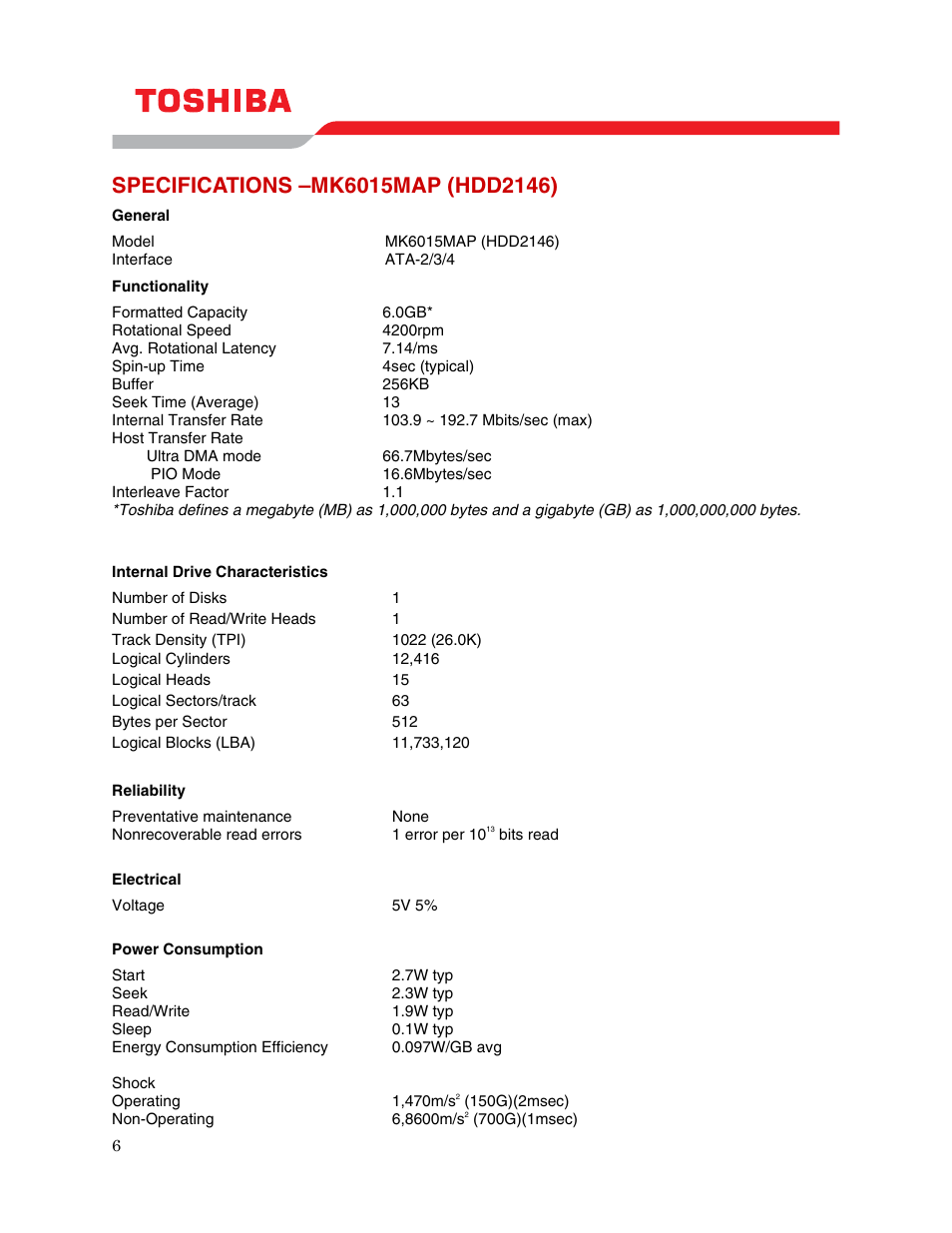 Specifications –mk6015map (hdd2146) | Toshiba MK6015MAP User Manual | Page 8 / 12