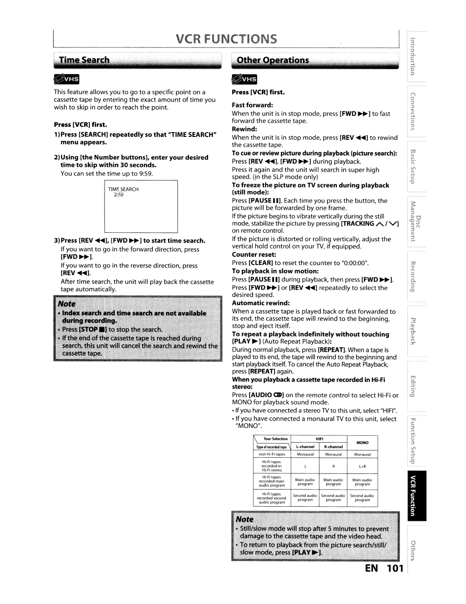Press [vcr] first, 3) press [rev ◄◄], [fwd ►►] to start time search, Fast forward | Vcr functions, En 101, Time search | Toshiba D-VR610KU User Manual | Page 101 / 117