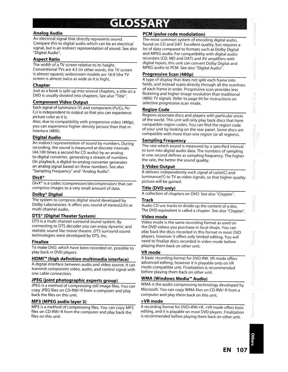 Glossar, En 107 | Toshiba D-VR610KU User Manual | Page 107 / 117