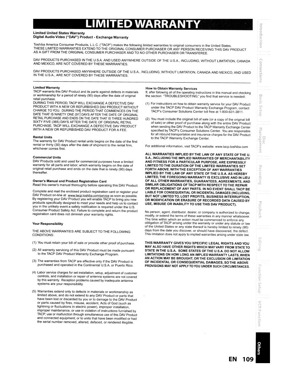 Limited warranty, En 109 | Toshiba D-VR610KU User Manual | Page 109 / 117