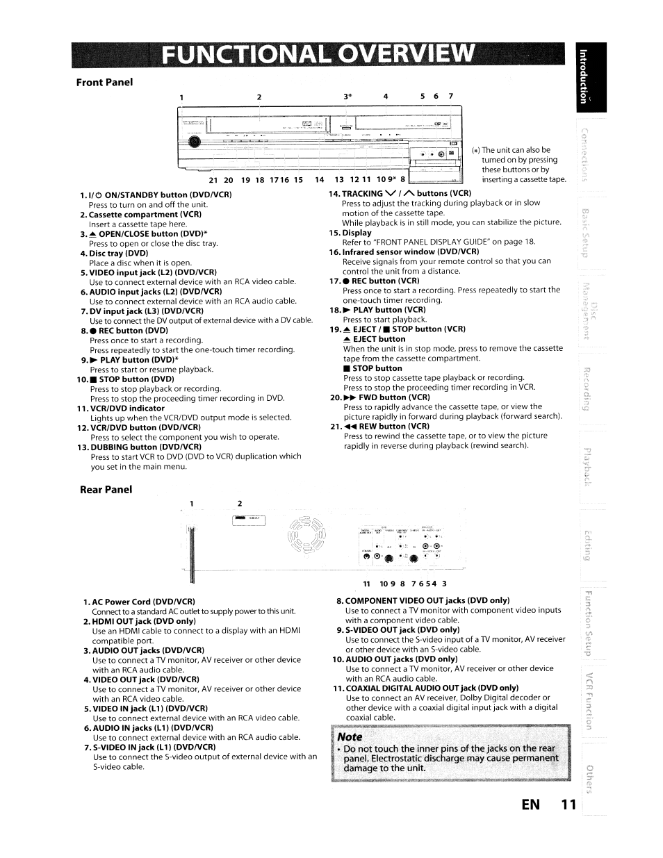 Functional overview, En 11, Front panel | Rear panel (iqo /]0u | Toshiba D-VR610KU User Manual | Page 11 / 117