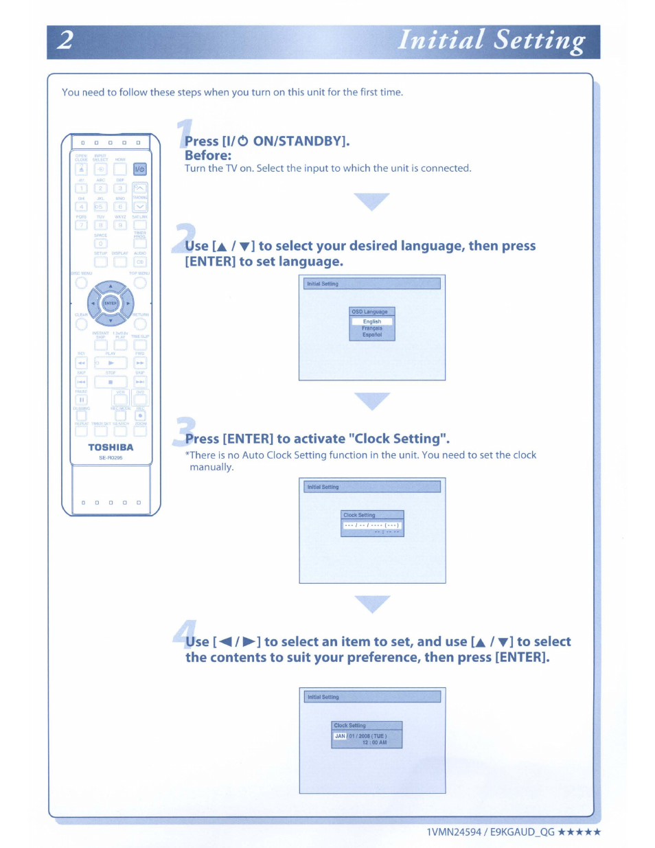 Initial setting, Press [i/o on/standby]. before, Press [enter] to activate "clock setting | Toshiba D-VR610KU User Manual | Page 115 / 117