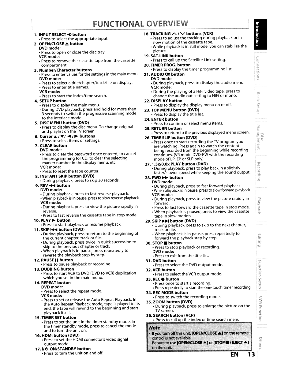 Input select -© button, Number/character buttons, Setup button | Disc menu button (dvd), Cursor a /t/ ◄/► buttons, Instant skip button (dvd), Play^ button, Skip button (dvd), Pause 11 button, Dubbing button | Toshiba D-VR610KU User Manual | Page 13 / 117