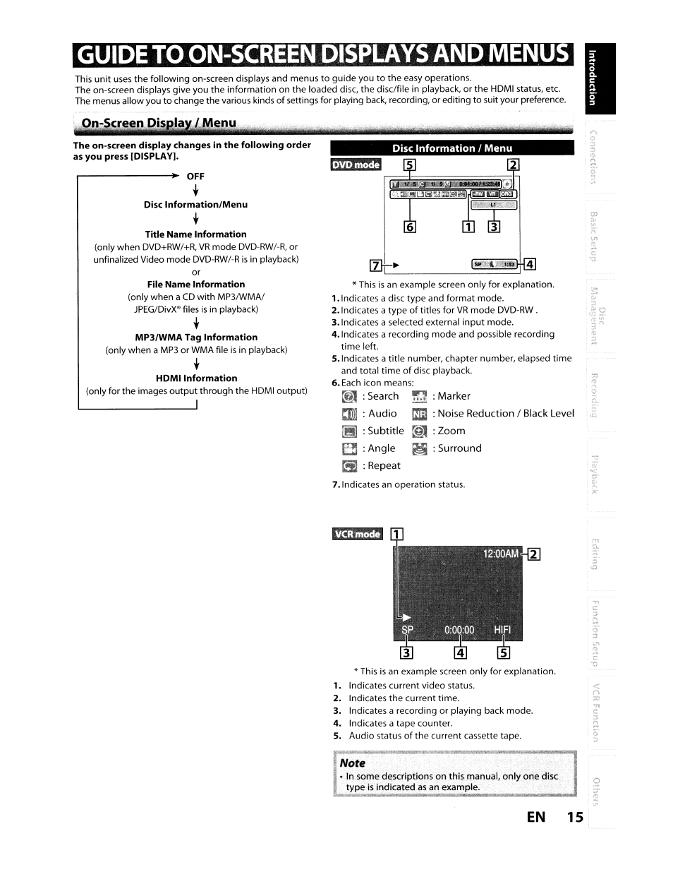 Guide to on-screen displays and menus, En 15, On-screen display / menu | Toshiba D-VR610KU User Manual | Page 15 / 117