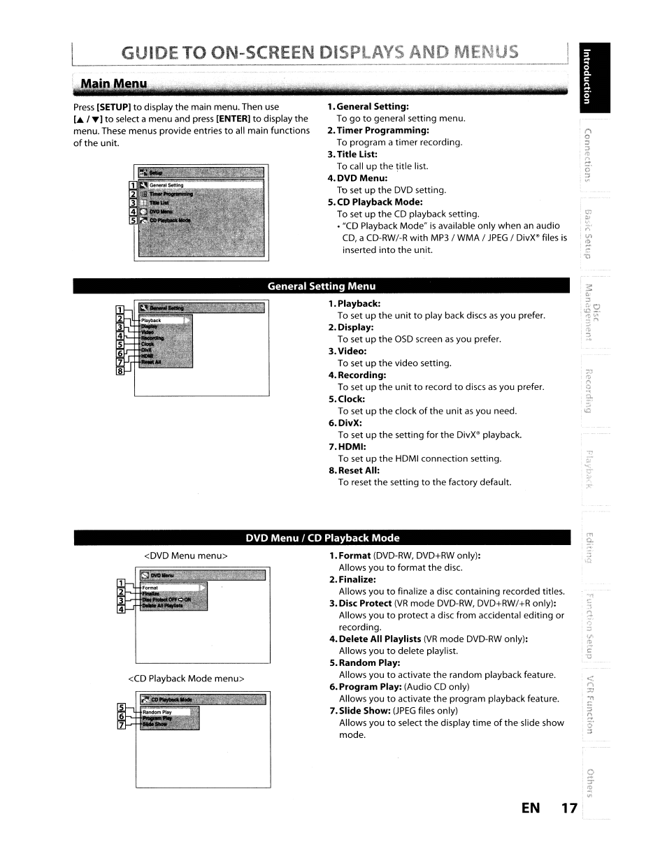 General setting, Tinner programming, Title list | Dvd menu, Cd playback mode, Playback, Display, Video, Recording, Clock | Toshiba D-VR610KU User Manual | Page 17 / 117