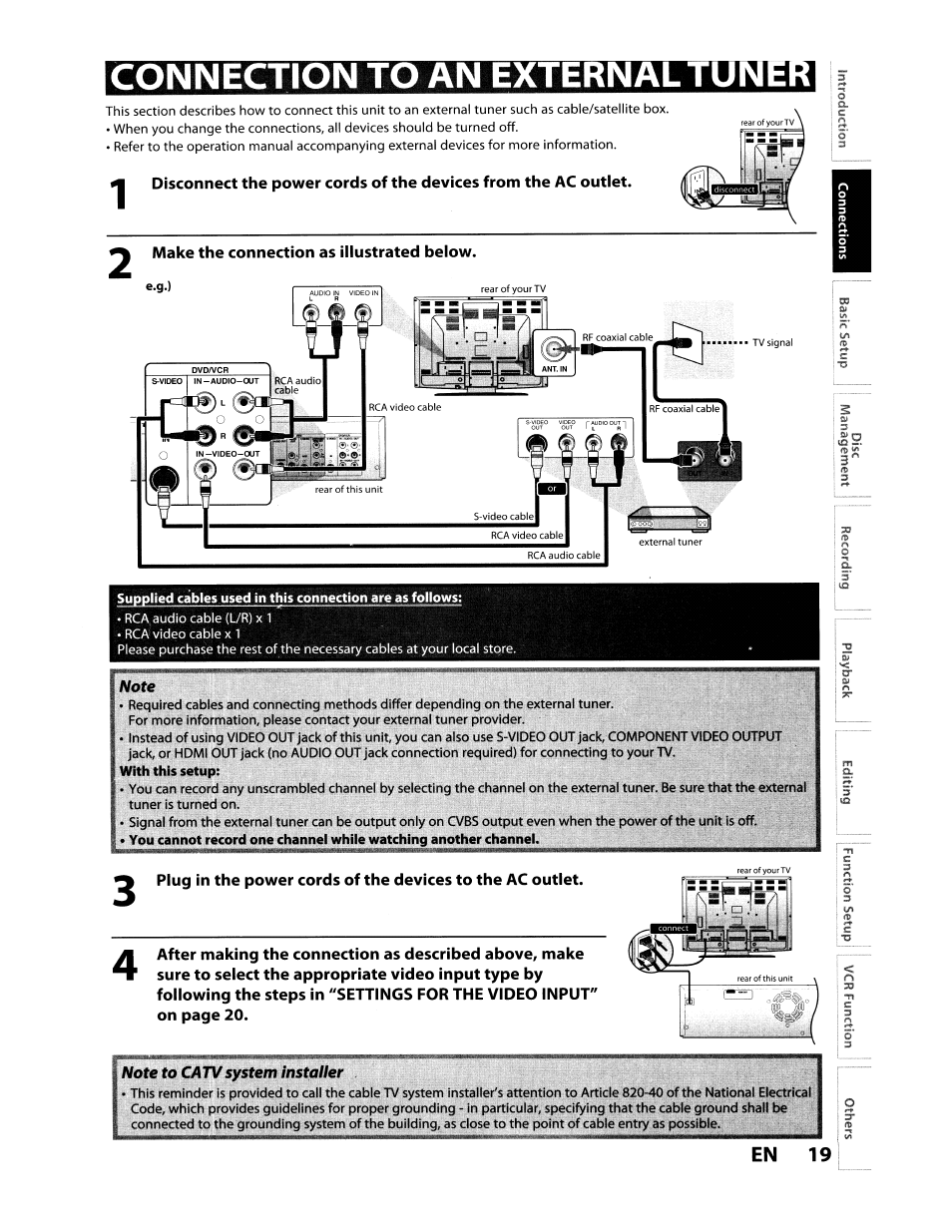 Connection to an external tu, En 19, C i^l 0ci o o 10" 0« o | Toshiba D-VR610KU User Manual | Page 19 / 117