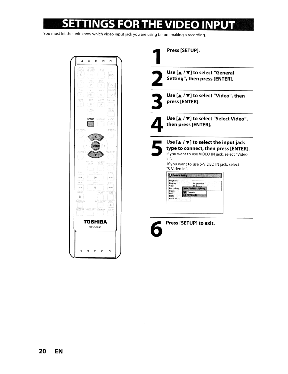 Settings for the video input | Toshiba D-VR610KU User Manual | Page 20 / 117