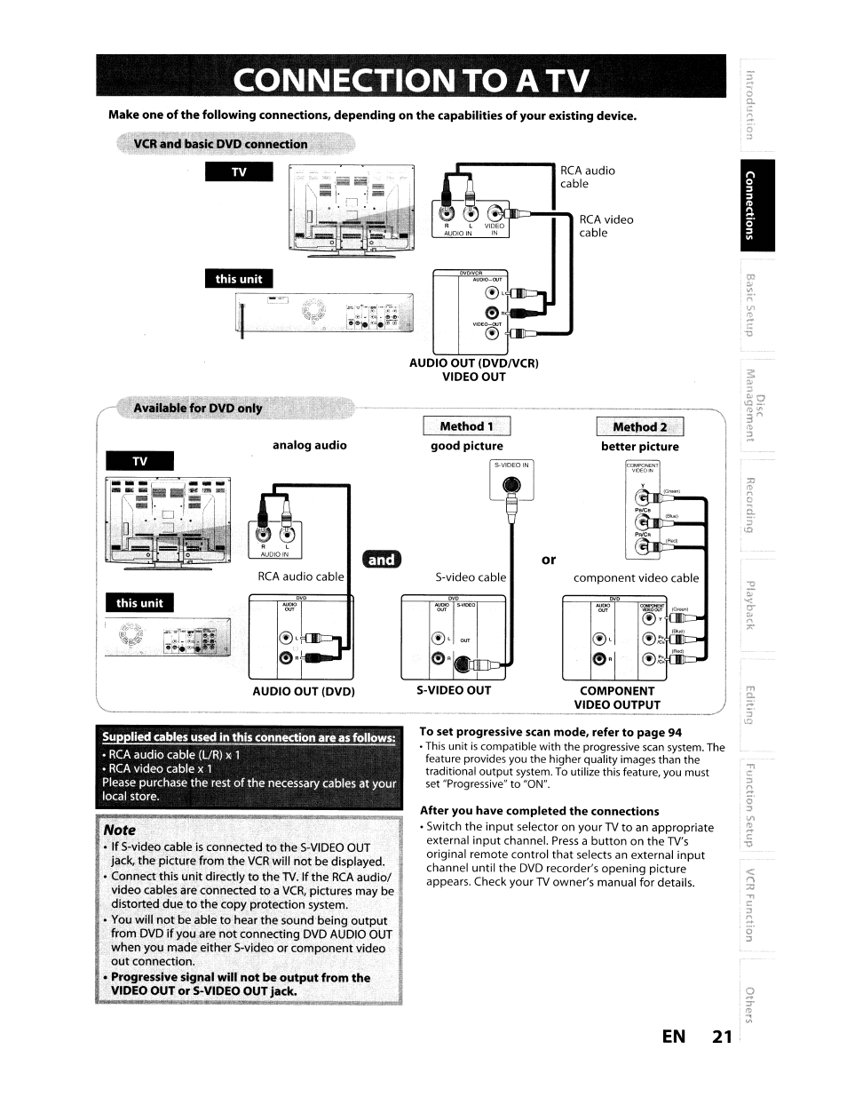 Available for dvd only, Analog audio, Method 1 | Method 2, Connection to a tv, En 21 | Toshiba D-VR610KU User Manual | Page 21 / 117